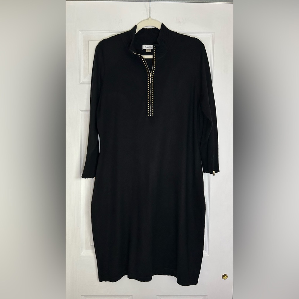 Calvin Klein Black Sweater Dress with Gold Zipper Front & Sleeves